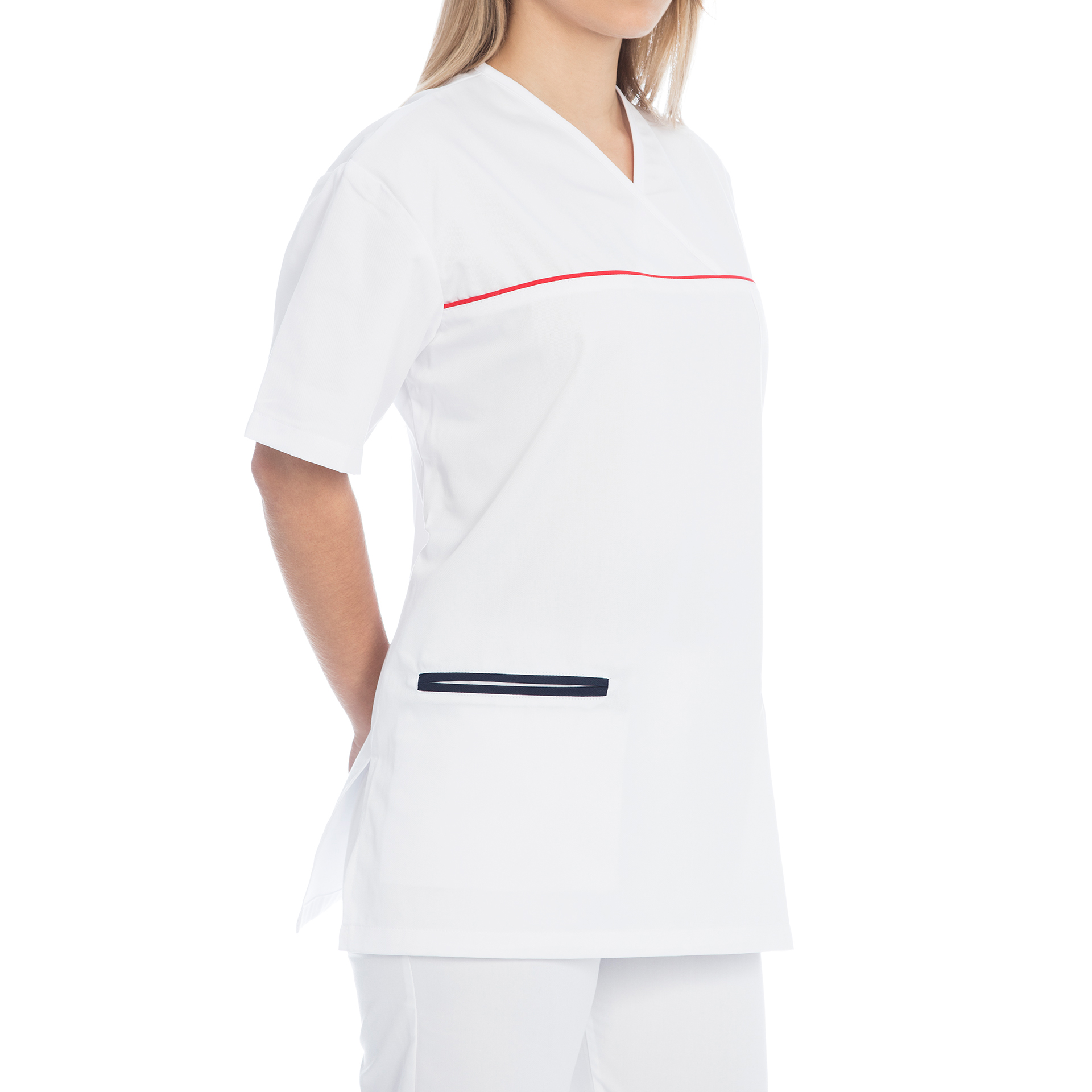 Túnica para Senhora de Manga Curta e Gola em V em Sarja com Apontamentos em Vermelho e Azul